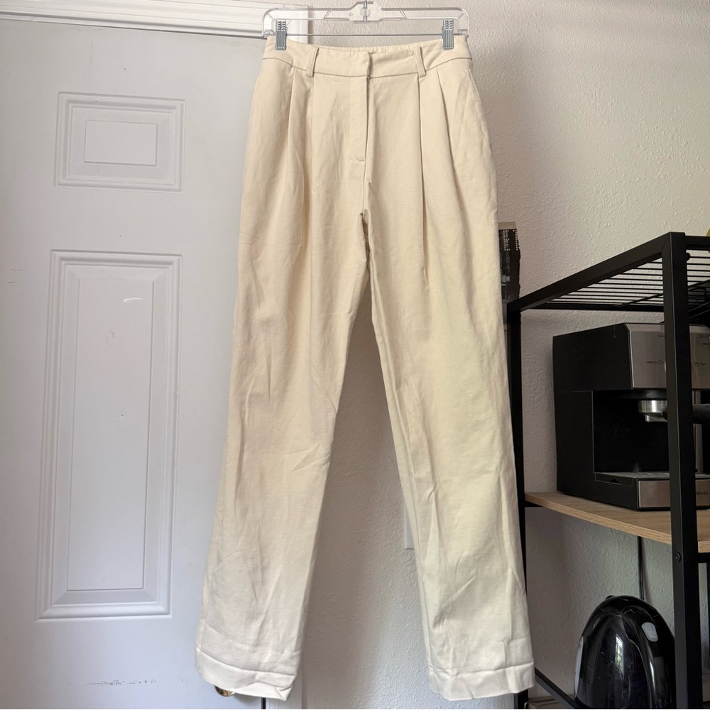 KINDERSALMON cream ivory‎ cotton blend pleated straight leg trousers pants